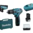 Makita DF330 Akkuschrauber Set, 10,8V mit 2 Akkus, Ladegerät, Holster, Zubehör-Box und Transportkoffer. Ideal für den vielseitigen Einsatz im Heimwerkerbereich.