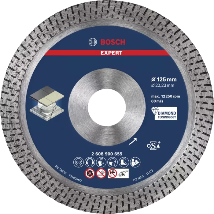 Bosch Diamanttrennscheibe 125 mm EXPERT Hard Ceramic, ideal für präzise Schnitte in harter Keramik und Feinsteinzeug.