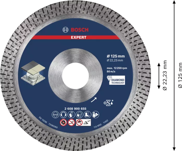 Bosch Diamanttrennscheibe 125 mm EXPERT Hard Ceramic, ideal für präzises Schneiden von harter Keramik, hohe Schnittqualität und Langlebigkeit