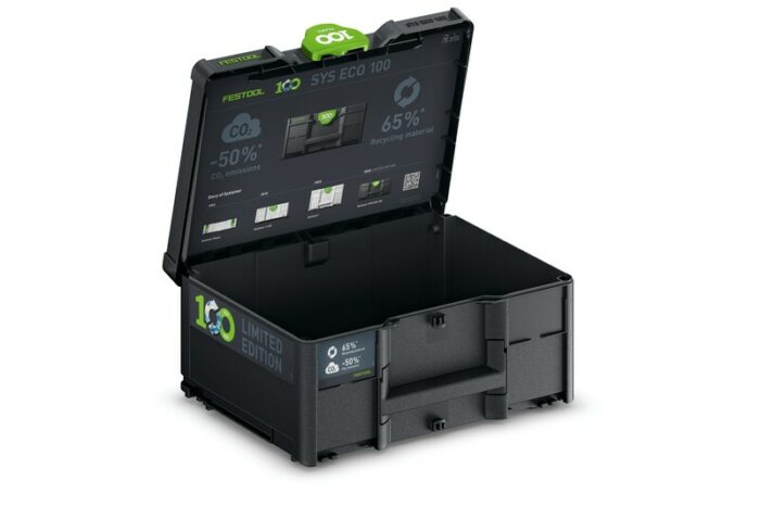 Systainer³ SYS3 M 187 ECO 100Y Limited Edition in Schwarzer Recyclingoptik, ausgestattet mit Festool 100 Jahre Jubiläumslogo und umweltfreundlichem Design.