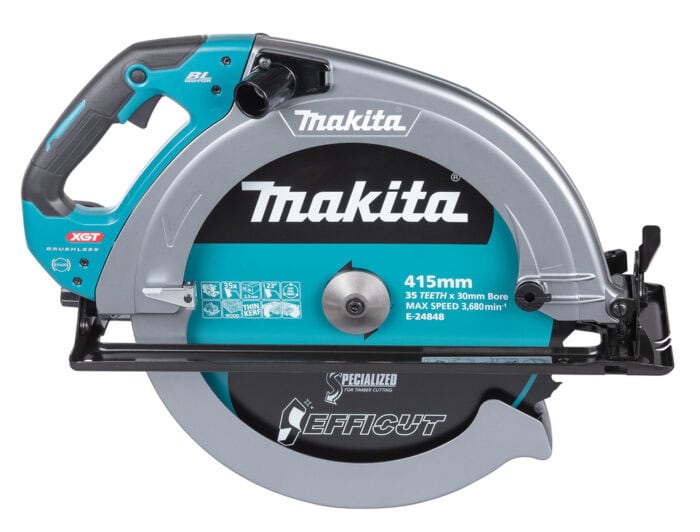 Leistungsstarke Makita XGT 40V max. Akku-Handkreissäge mit 158 mm Schnitttiefe, robuster Metall-Grundplatte, AWS-Schnittstelle und 45° Neigungswinkel. Ideal für Profis!