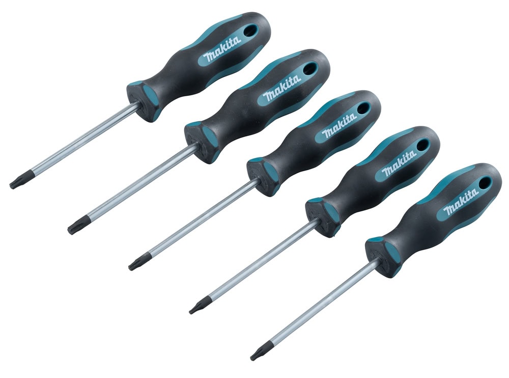 Makita 5-teiliges Torx-Schraubendreher-Set mit magnetischen Spitzen und rutschfesten Griffen.